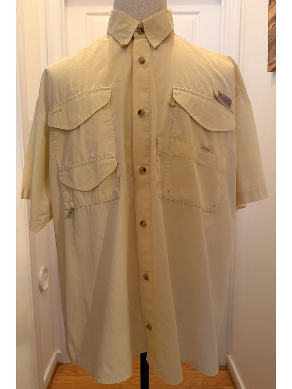 Columbia PFG Bonehead Fishing Shirt Mens XL Yellow Short Sleeve Vented Cotton